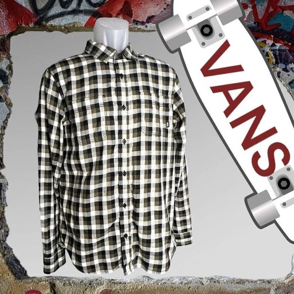 Vans Men's Plaid Flannel Tailored Fit Button Down Shirt Black Green Size Small - Picture 1 of 7